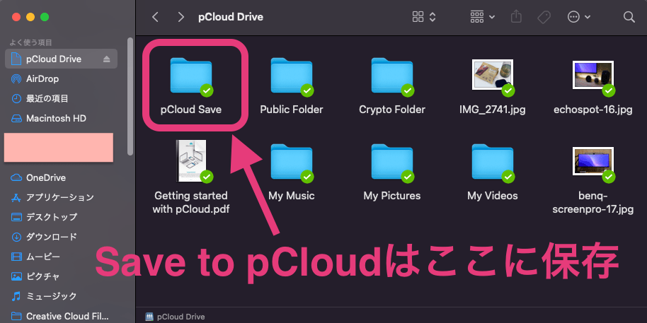 クラウドストレージpCloudのフォルダ内
